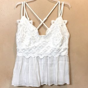 Adorable Cross Strap Boho Smocked Back Crochet Lace Cami Top, Size S/M